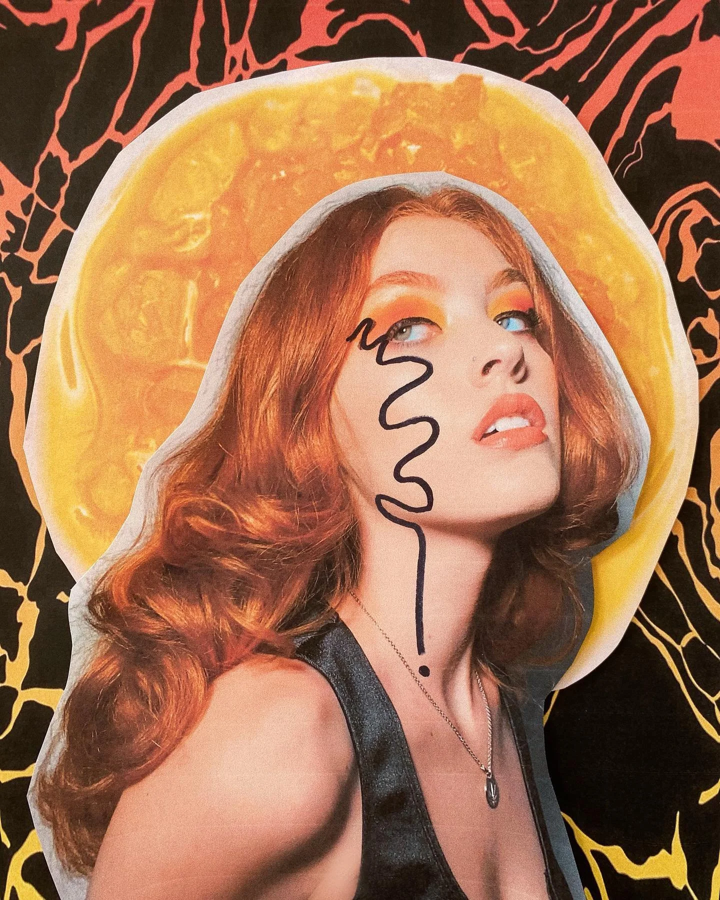 A cutout of a woman with red hair and makeup, depicted with a line drawing of a question mark on her face, layered over a background resembling a yellow tortilla or pancake with a black and orange abstract pattern.