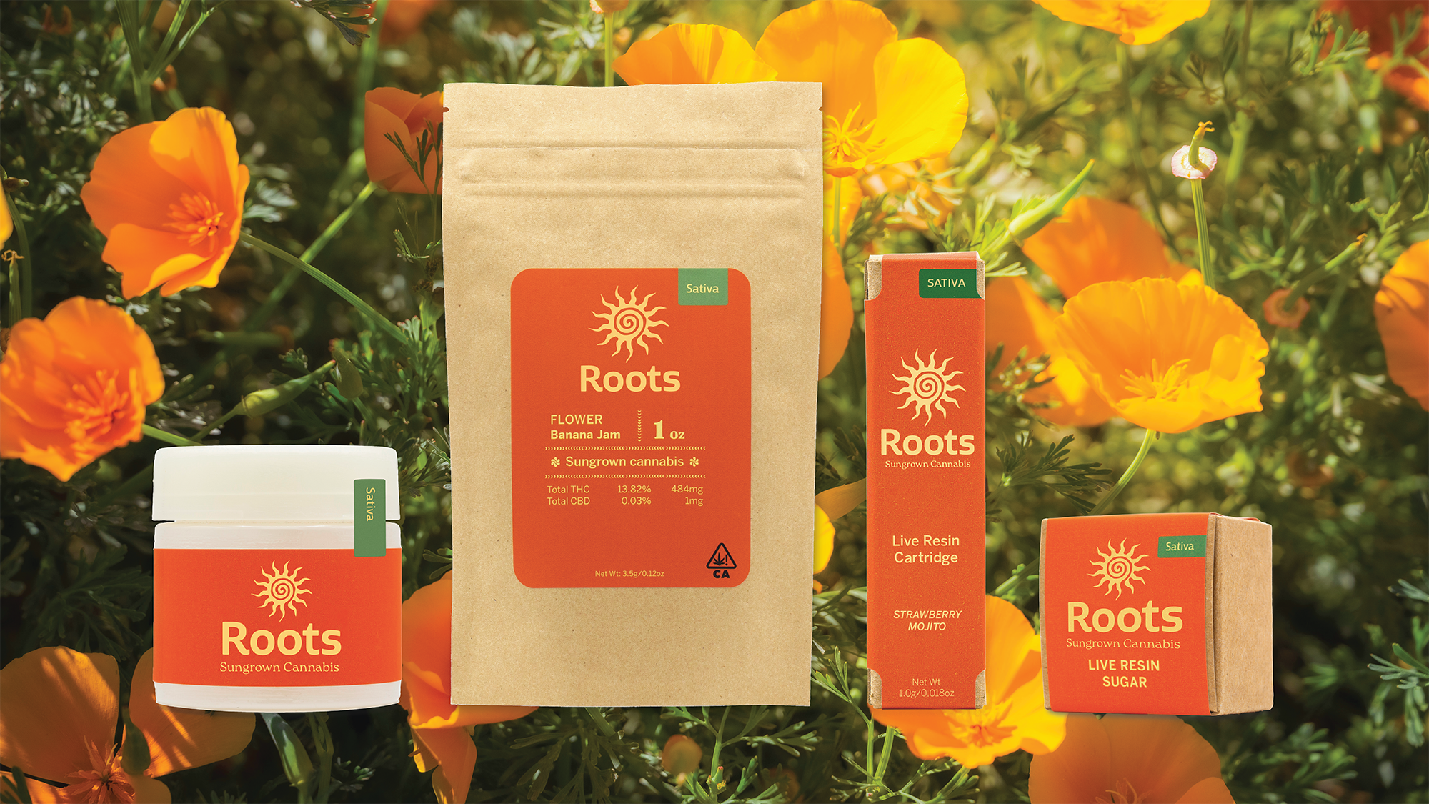 Various cannabis products from Roots, including a jar labeled 'Sungrown Cannabis,' a large paper bag, a live resin cartridge, and a small box, all with orange labels, displayed on orange poppy flowers and green foliage background.