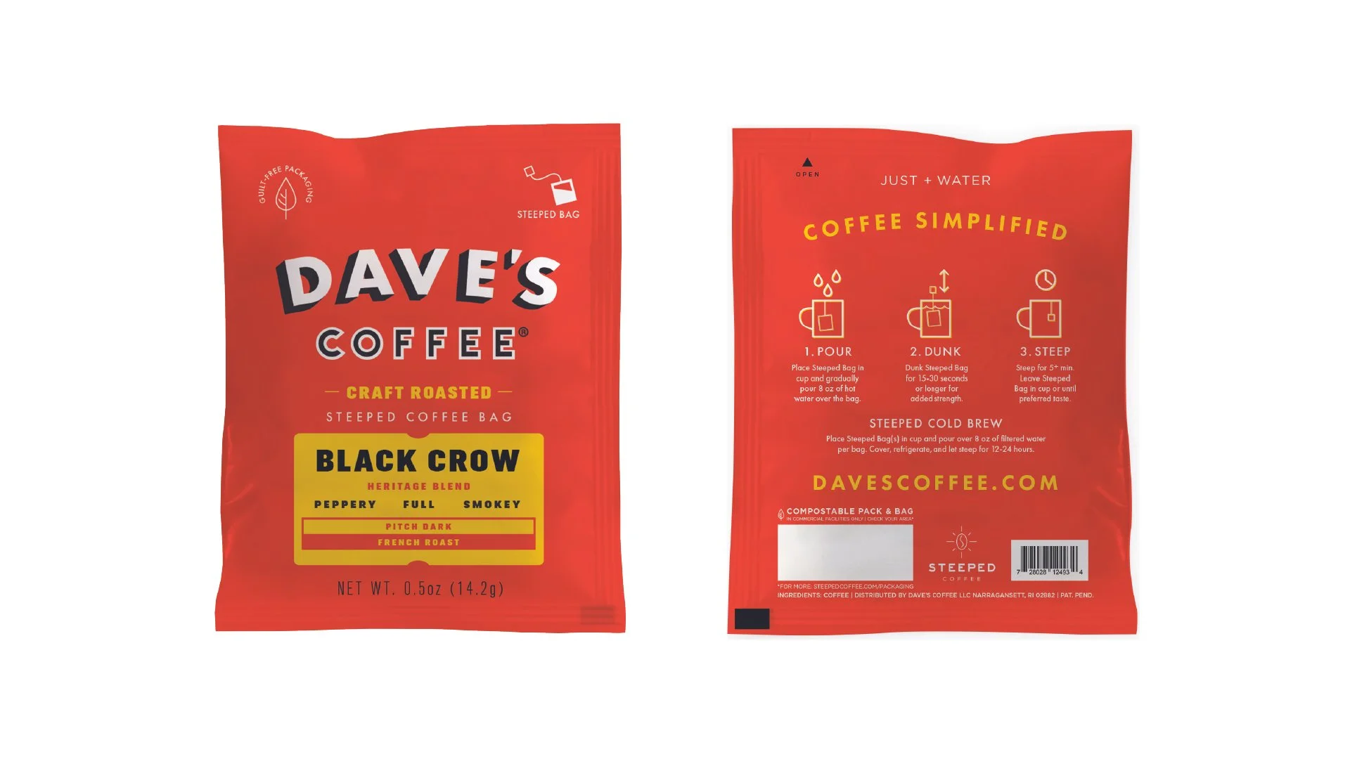Two red packages of Dave's Coffee, one front view and one back view. The front package displays the brand name, product type, flavor, and brewing options. The back package provides instructions for making cold brew coffee, website, barcode, and recycling information.