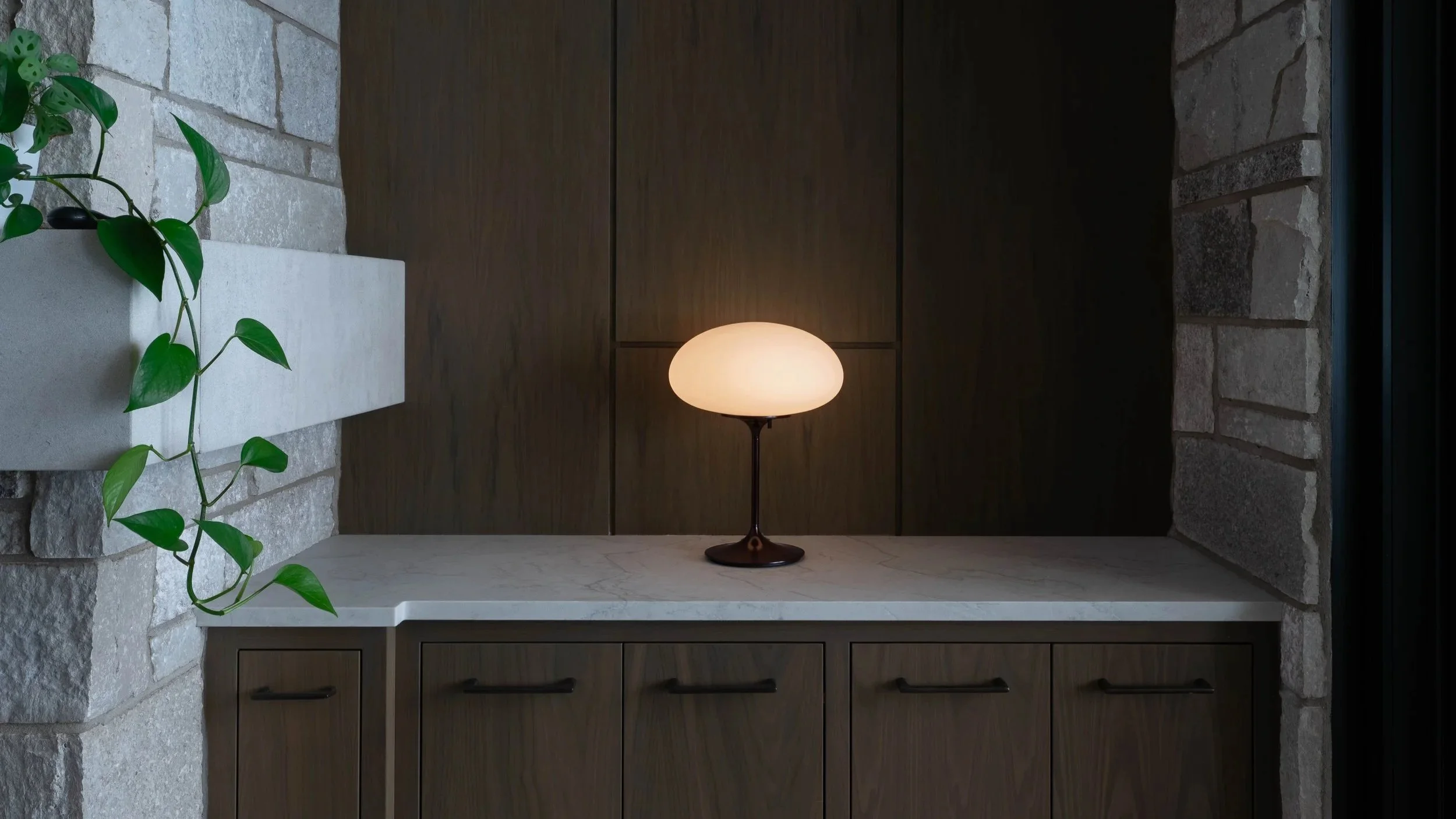A small table lamp with a round, white glass shade on a marble countertop, positioned against a wood-paneled wall. To the left, a green trailing plant is placed in a concrete planter on a stone brick wall.