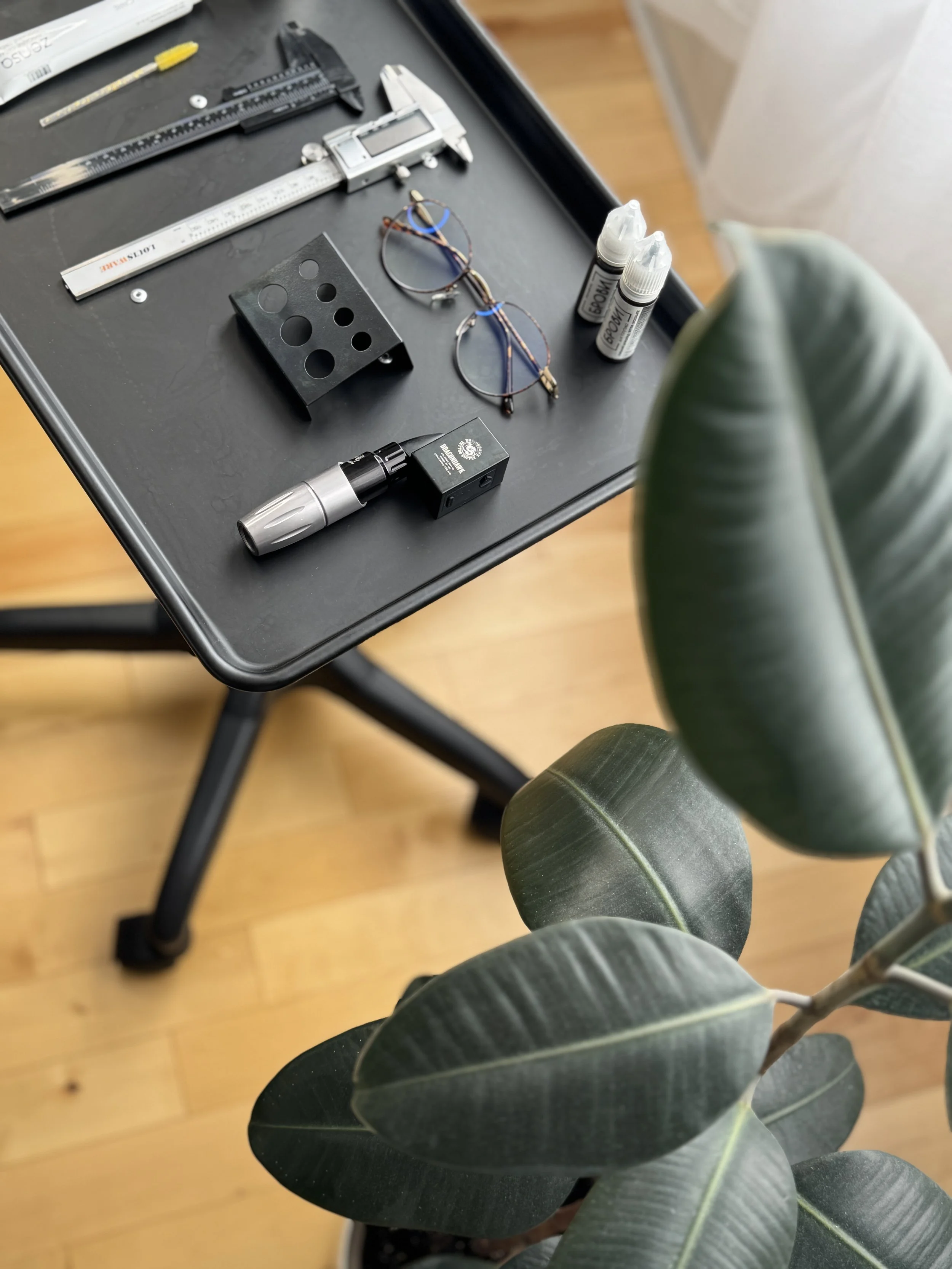 Table with brow tattoo tools and glasses, rubber plant in foreground