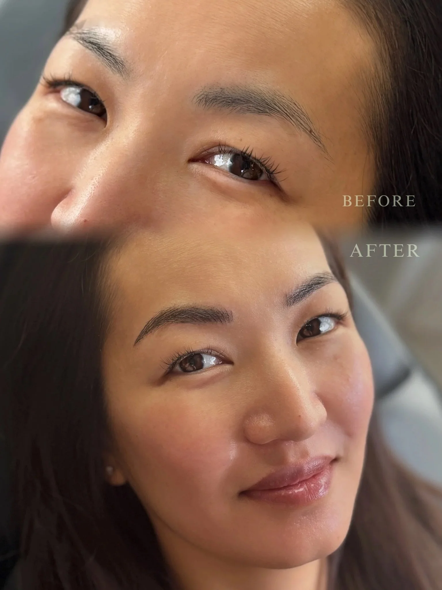 Before and after eyebrow makeover comparison showing eyebrow natural fluffy nano brows.