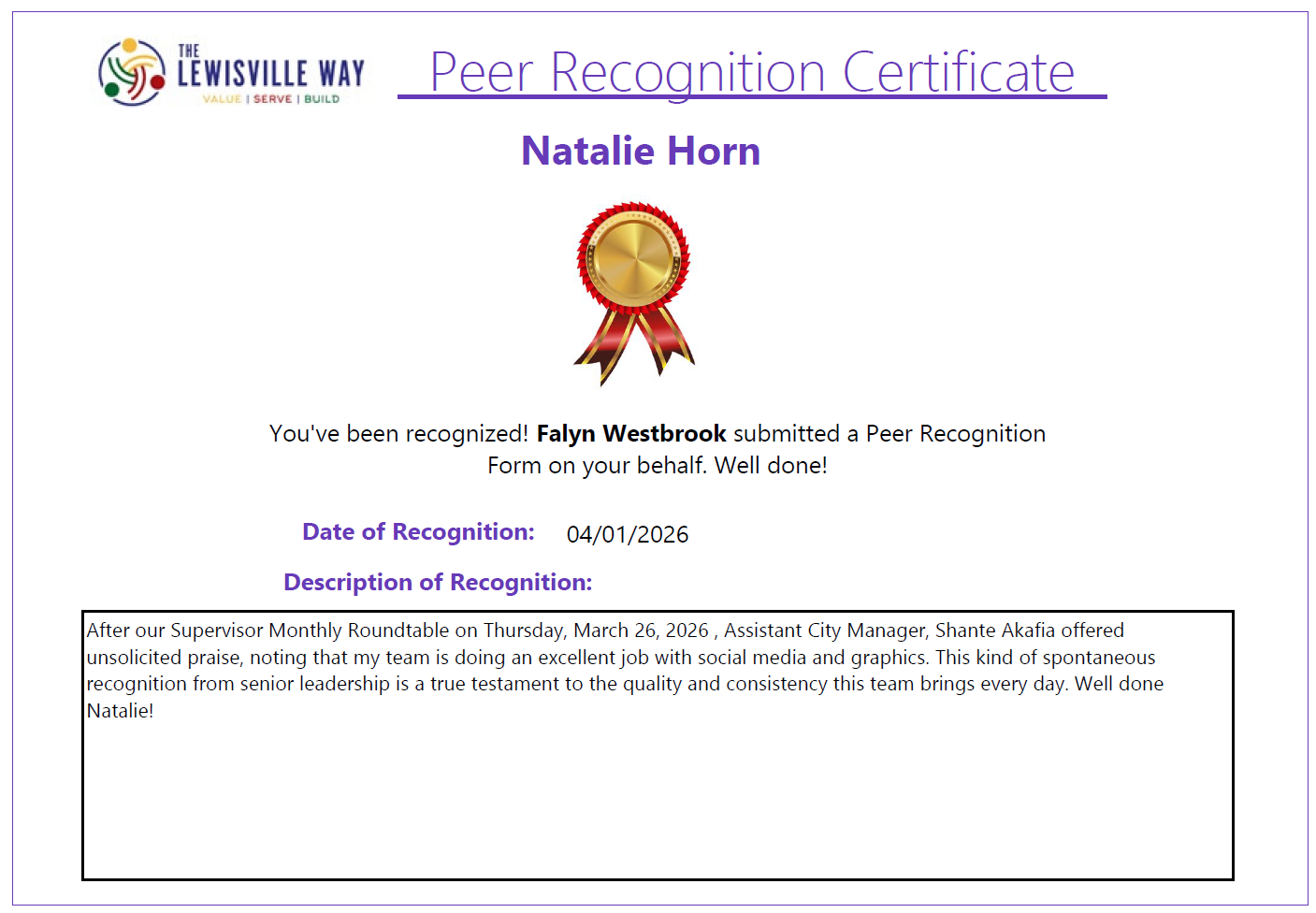 Peer Recognition Certificate. Marketing Manager, Falyn Westbrook mentions interaction with Assistant City Manager offering praise on social media and graphics.