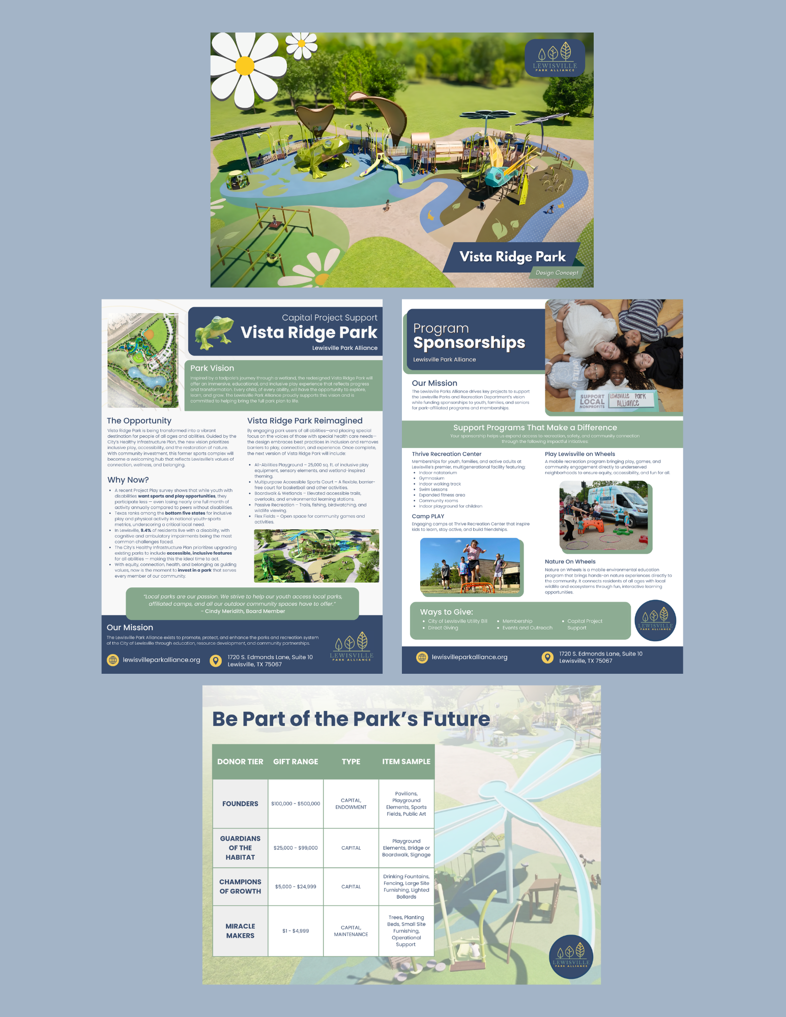 Four Collateral Pieces For Lewisville Park Alliance's Vista Ridge Park Fundraiser