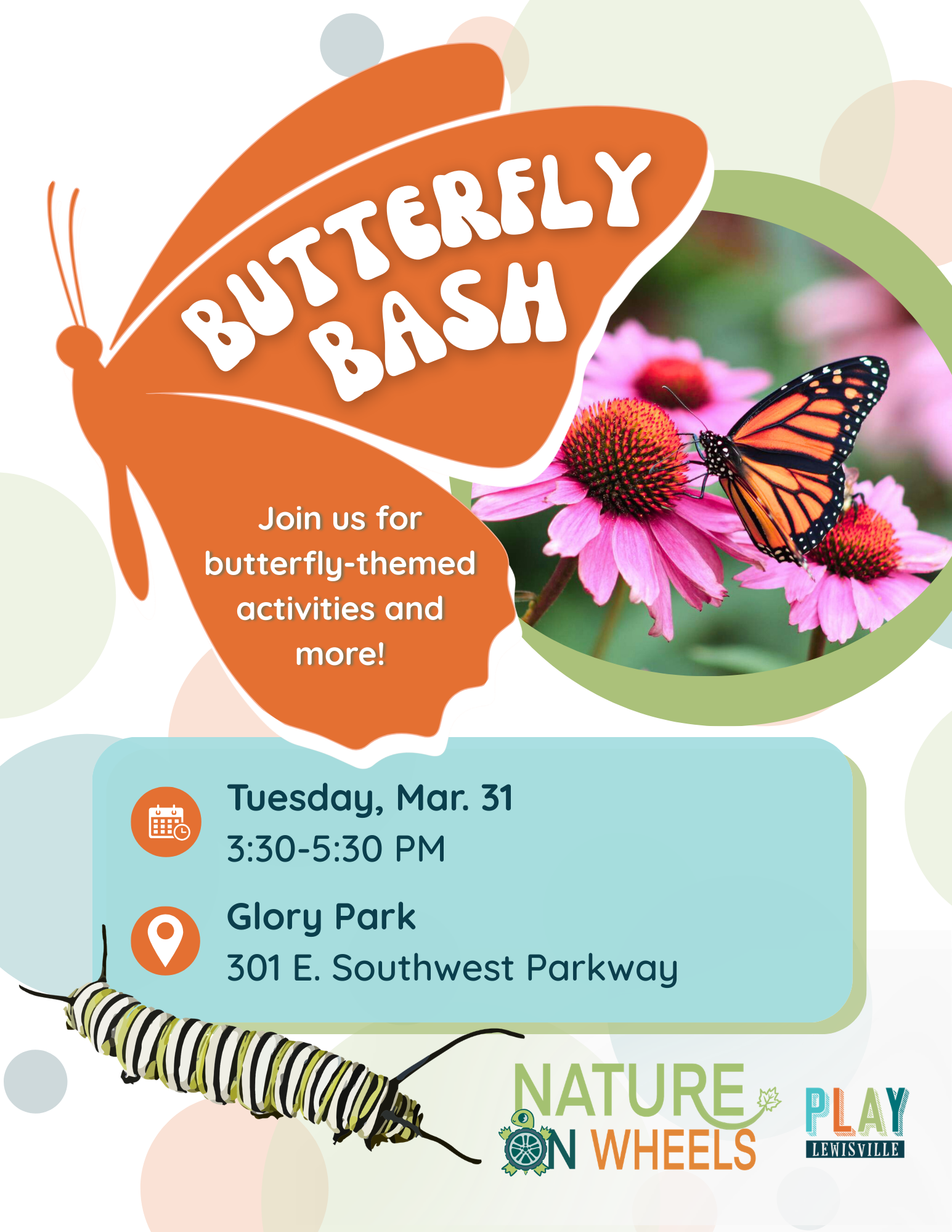 Butterfly Silhouette with Information for Butterfly Bash Event. Date, Location.