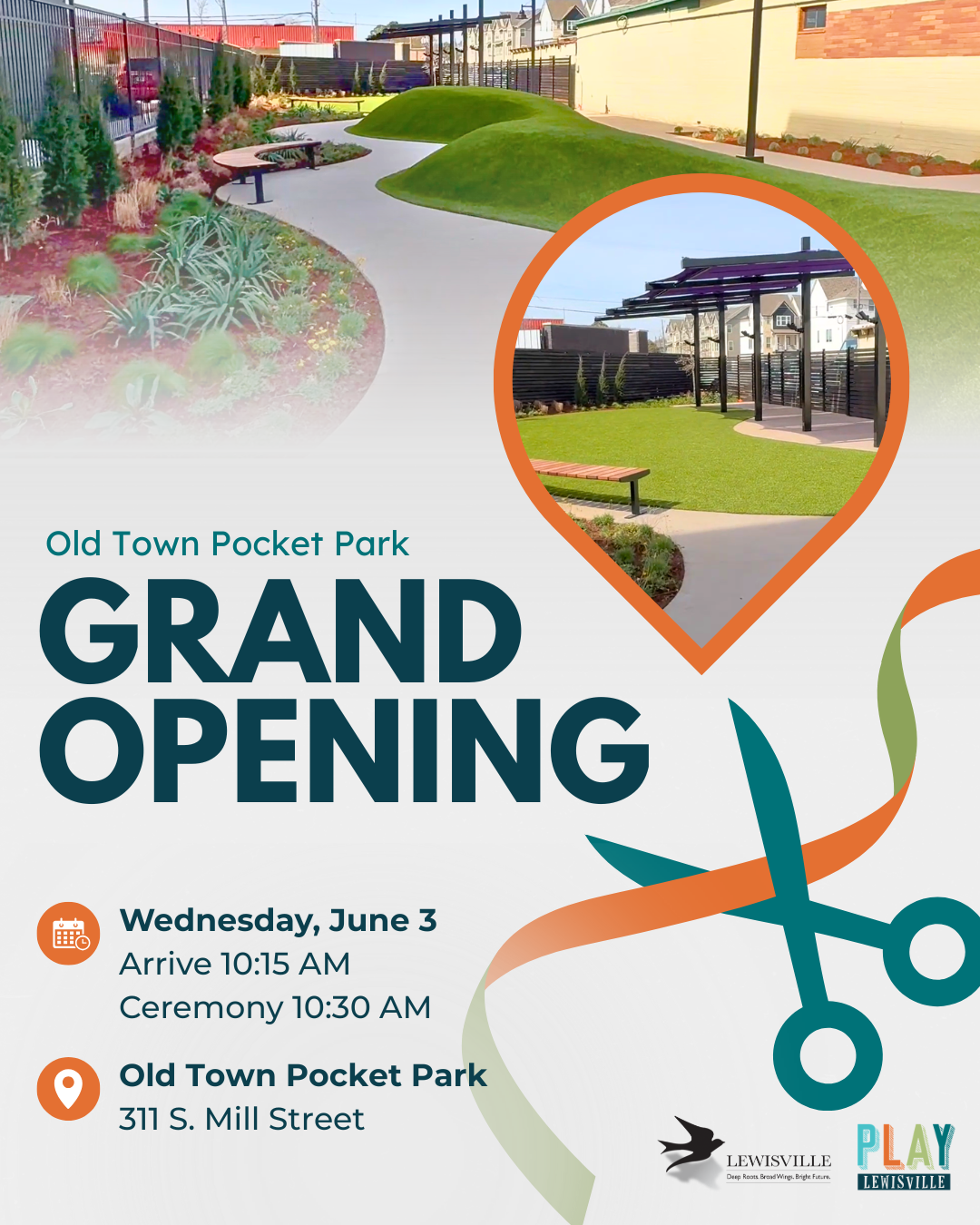 Old Town Pocket Park Grand Opening.  Scissors cutting opening ribbon.  Image of the park path.