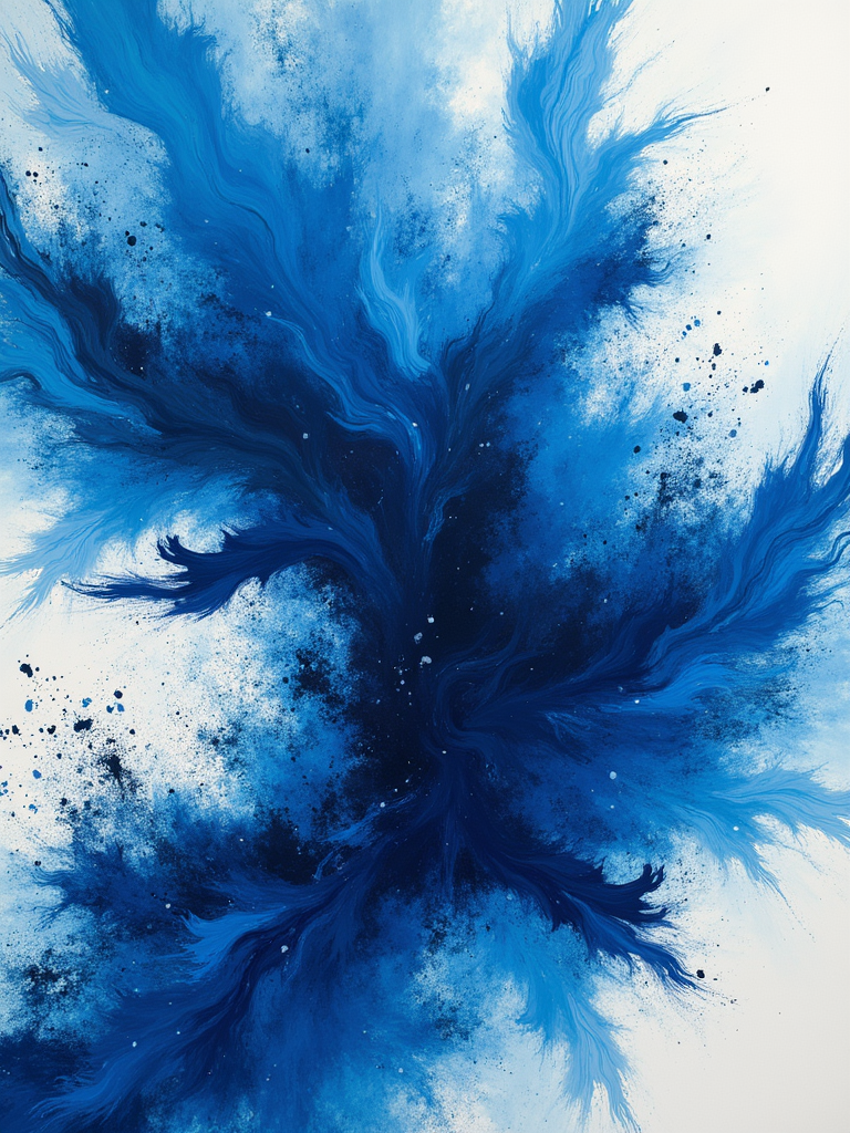 Abstract painting with swirling blue and white patterns resembling a splash or burst effect on a white background.