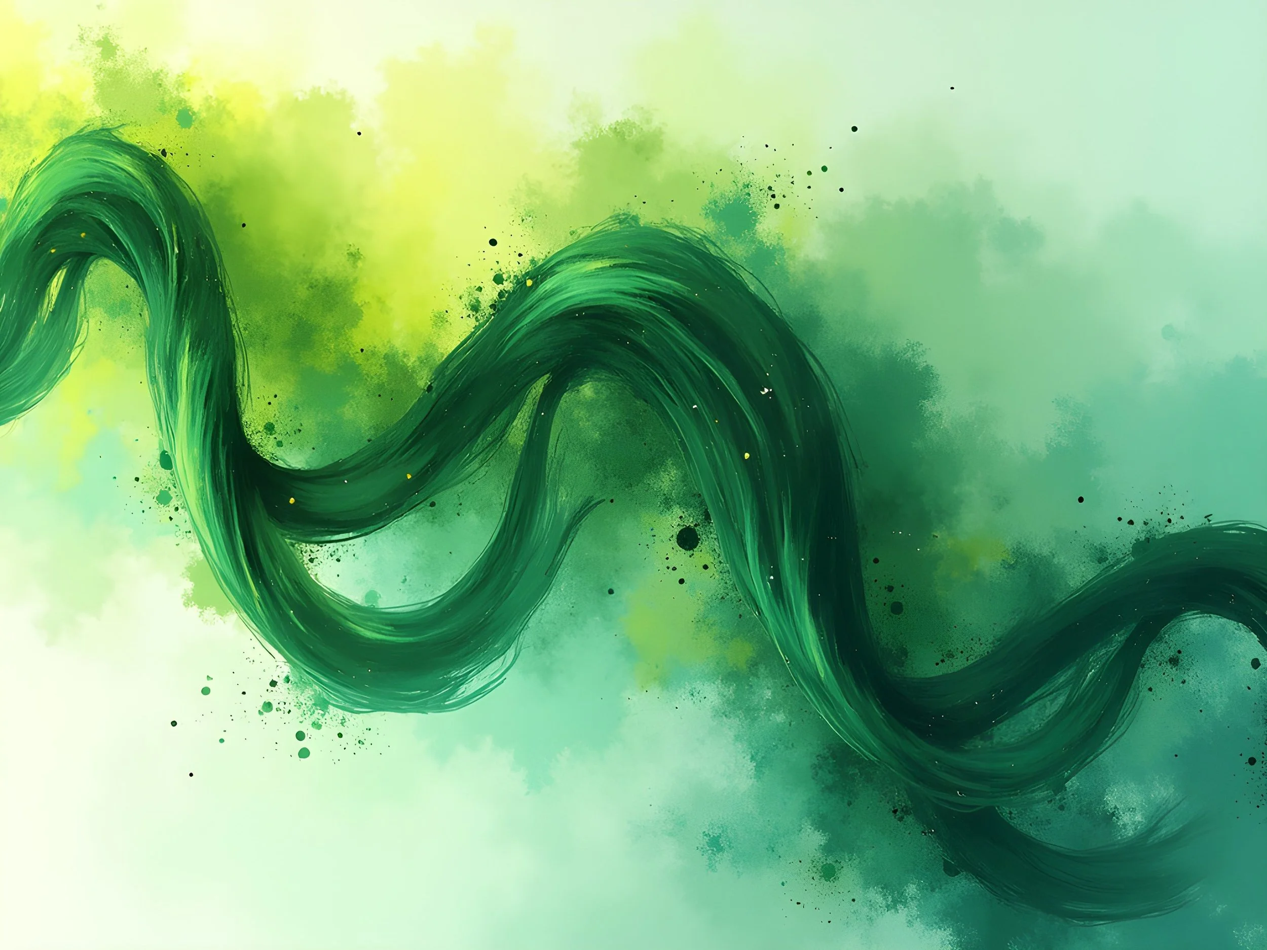 Abstract green swirling pattern with textured brush strokes and splatters on a light green background.