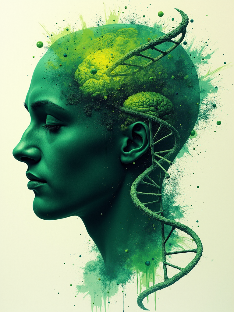 Surreal artwork of a green-toned human head with a visible brain and a DNA strand intertwined, symbolizing connection between genetics and intellect.