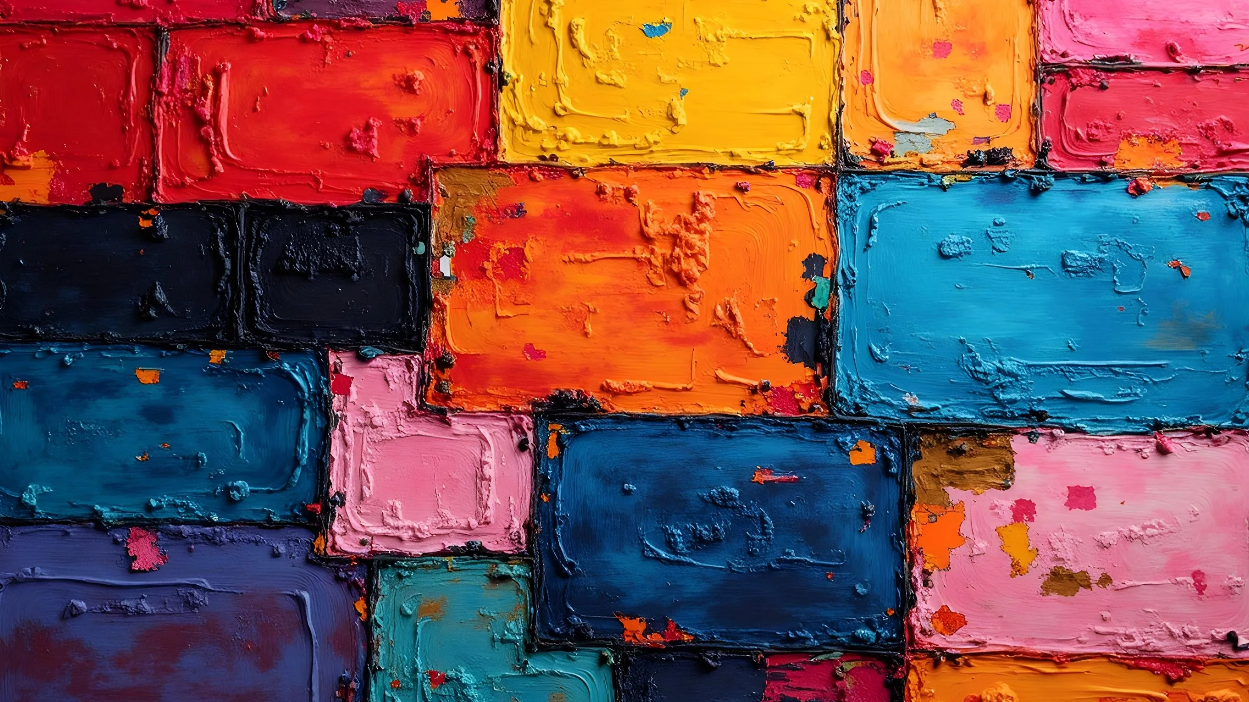 Abstract colorful painting with textured rectangular blocks, featuring vibrant shades of red, blue, yellow, orange, pink, and black.