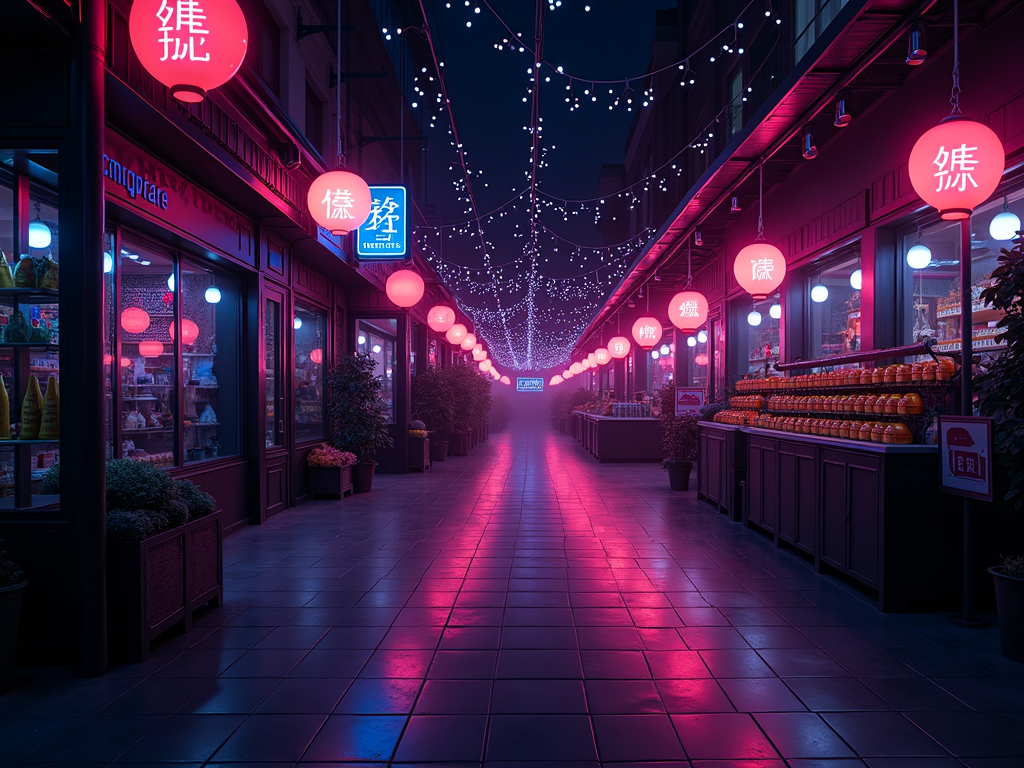 A narrow market street at night, illuminated by vibrant pink and red neon lanterns. Storefronts line both sides, displaying goods. String lights are overhead, creating a festive atmosphere.