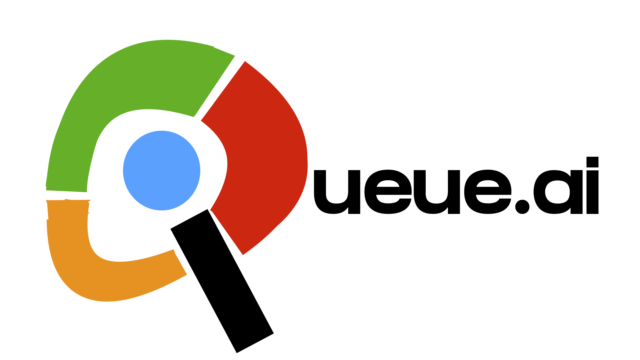 Logo with a stylized magnifying glass and the text 'ueue.ai.'
