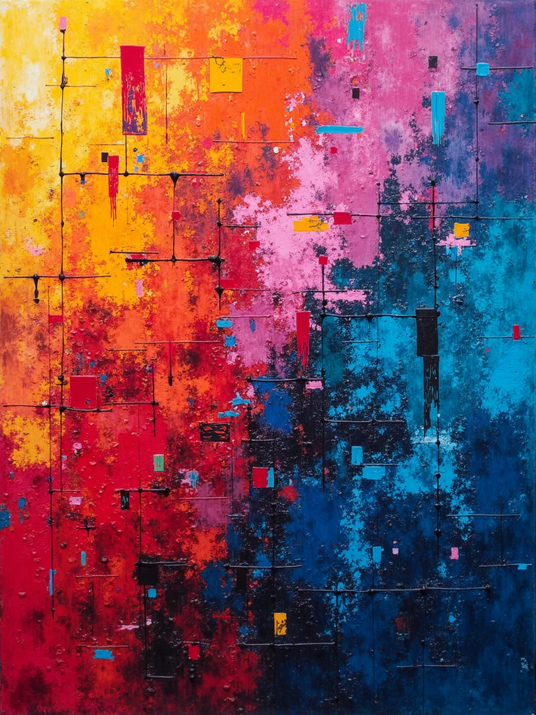 Abstract painting with dynamic color blocks featuring vibrant oranges, reds, blues, and purples, intersected by black lines and drips, creating a grid-like pattern.