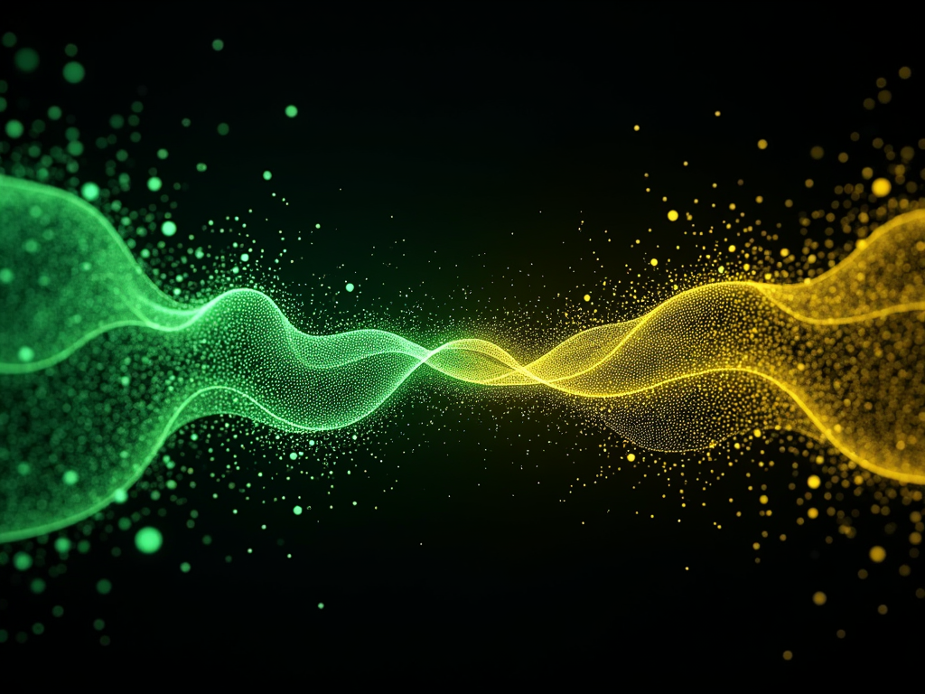 Abstract digital wave pattern with green and yellow particles on a black background.