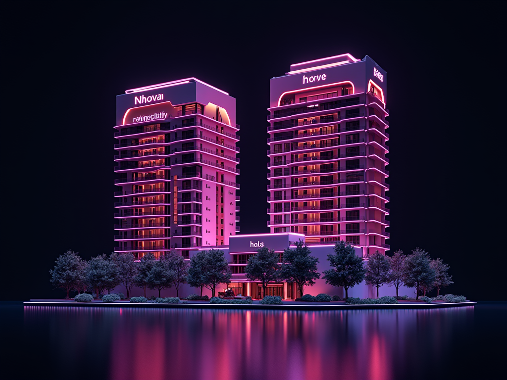Two modern high-rise buildings with neon pink lighting beside a reflective water surface, surrounded by trees at night.