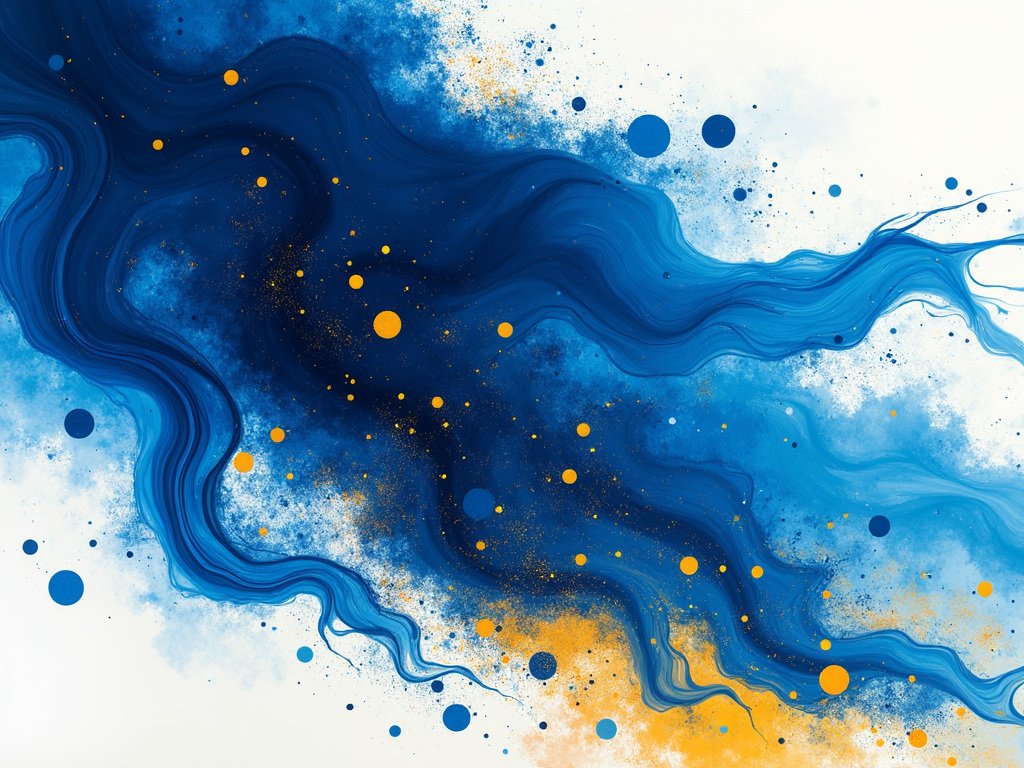 Abstract painting with swirling blue waves and scattered yellow and blue dots on a light background.