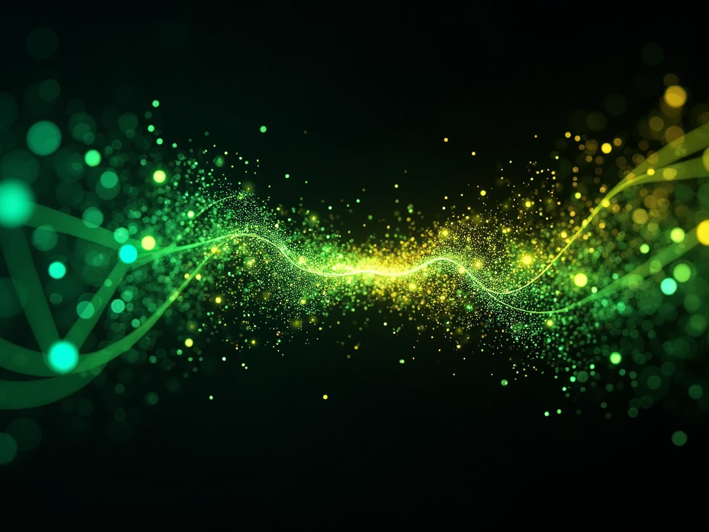 Abstract digital wave with green and yellow glowing particles on a dark background.