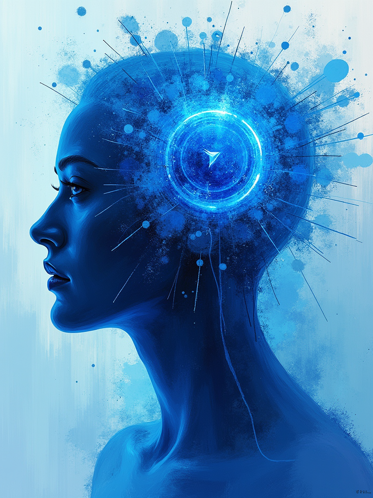 Digital art of a human profile in blue tones with abstract circular patterns and light effects surrounding the head, suggesting a futuristic or technological theme.