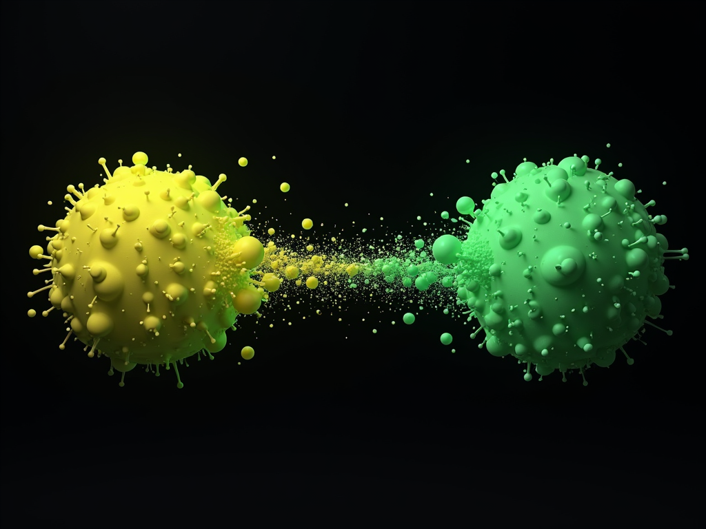 Yellow and green abstract virus-like spheres connected by particles on a dark background