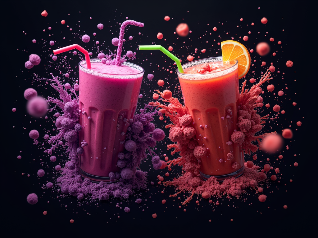 Two colorful smoothie glasses with straws, one purple and the other red, surrounded by splashes and fruit particles against a black background.
