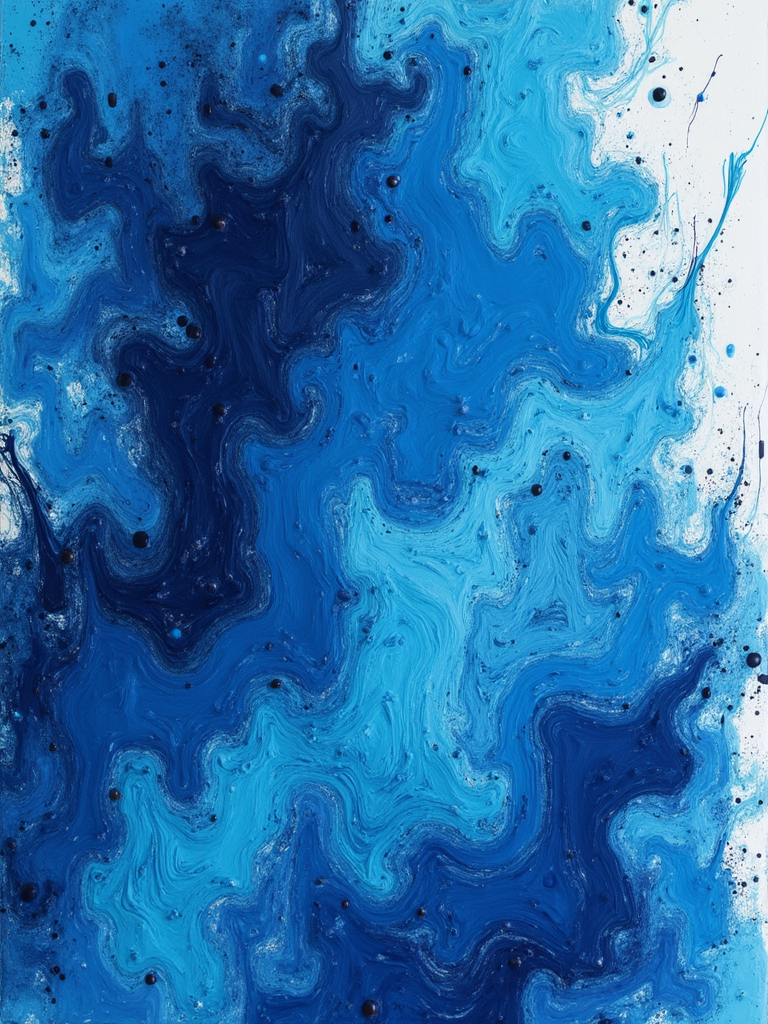 Abstract painting with swirling shades of blue and black.