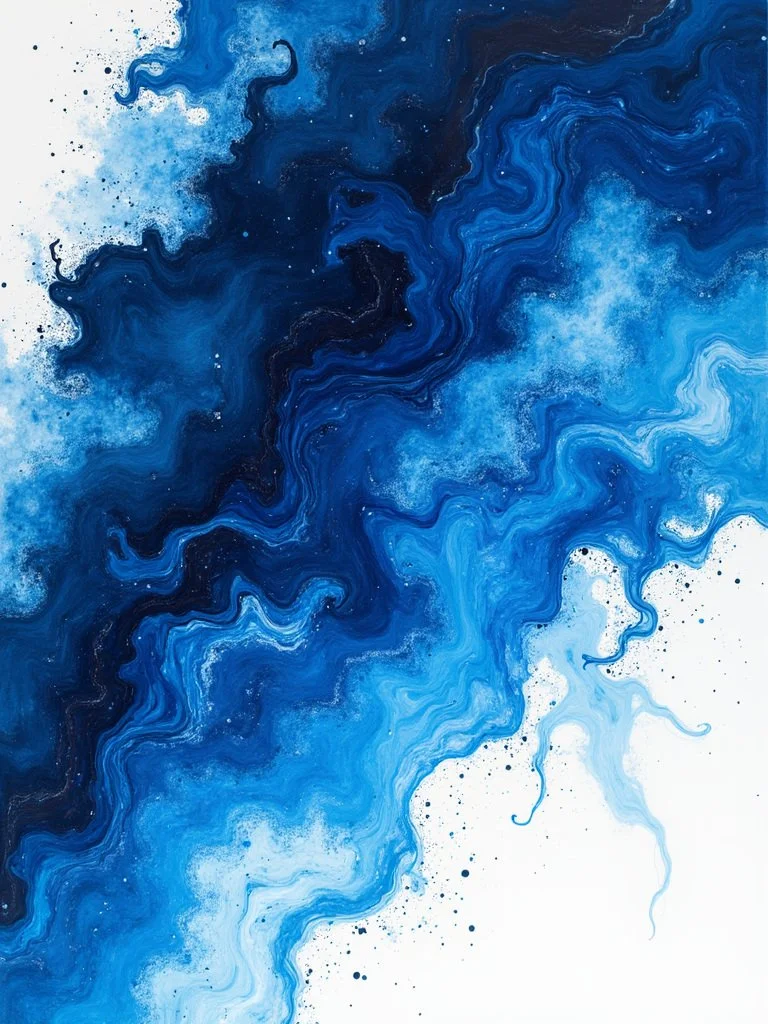 Abstract art with swirling blue and white patterns resembling a fluid motion.