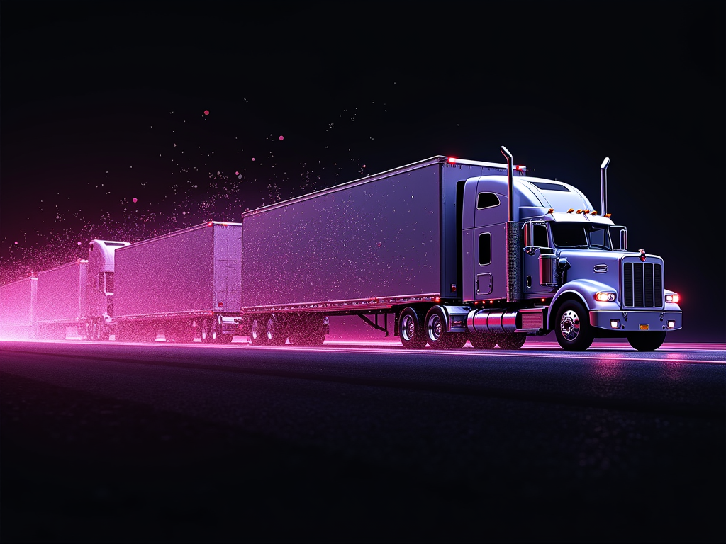 Three semi-trucks driving at night with pink neon lights illuminating the scene and casting reflections on the wet road.