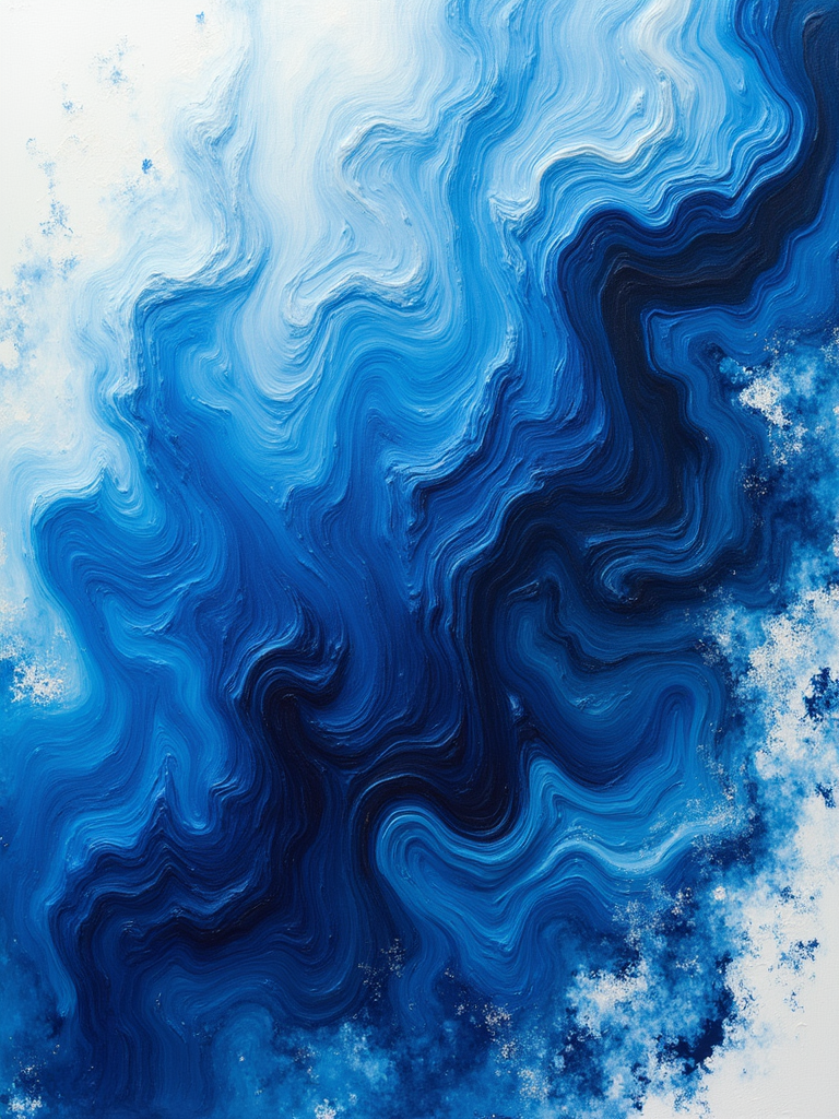 Abstract blue and white swirling waves painting