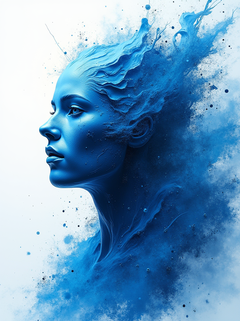 Digital art of a blue abstract face, resembling a splash of paint, with intricate swirling textures and splatters emanating from the head against a white background.
