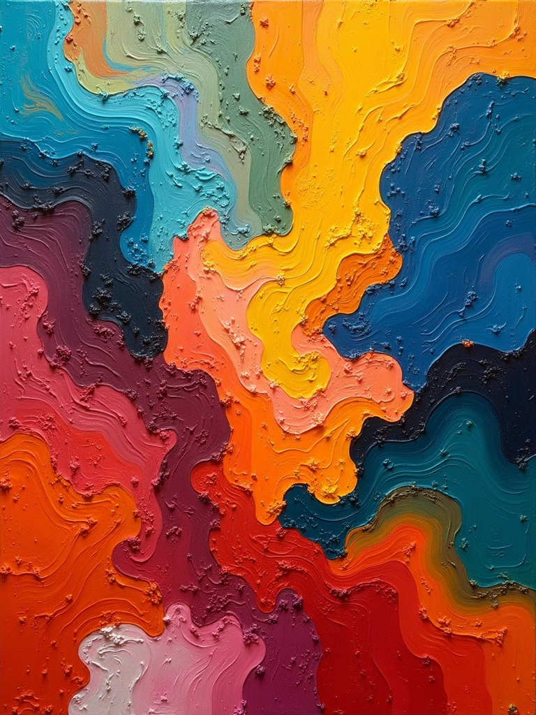 Colorful abstract oil painting with textured, swirling layers in shades of red, blue, orange, and yellow.