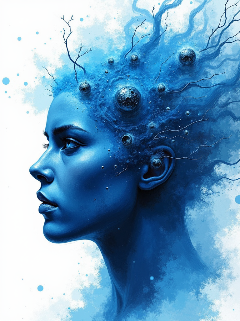 Abstract illustration of a blue-toned human face in profile, with elements like branches and spheres blending into hair, creating a cosmic appearance.