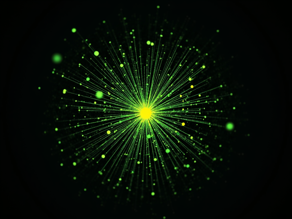 Abstract green and yellow light burst pattern on a dark background.