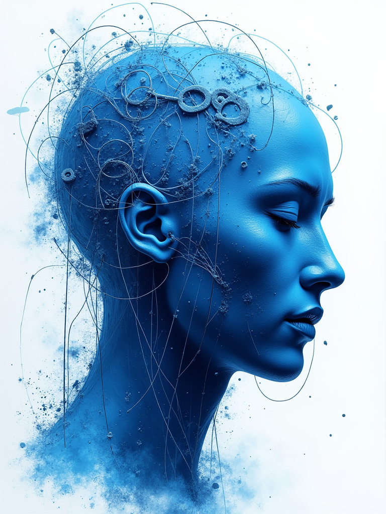 Blue digital artwork of a human head with circuits and wires.