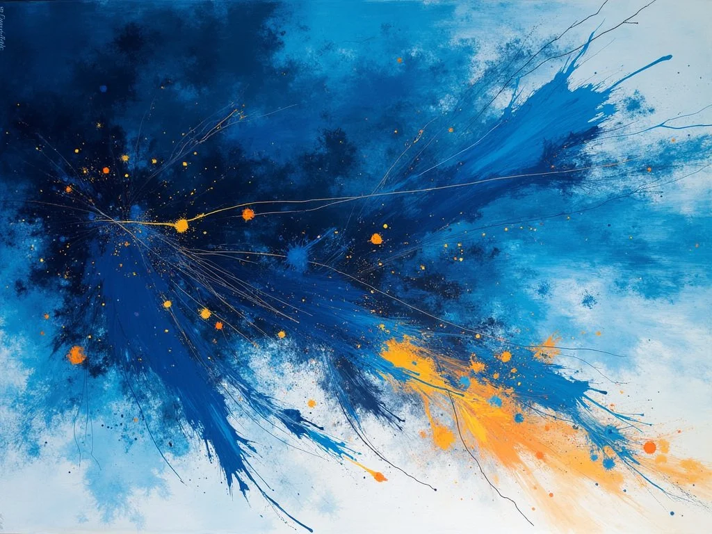 Abstract blue and orange paint splatter on canvas