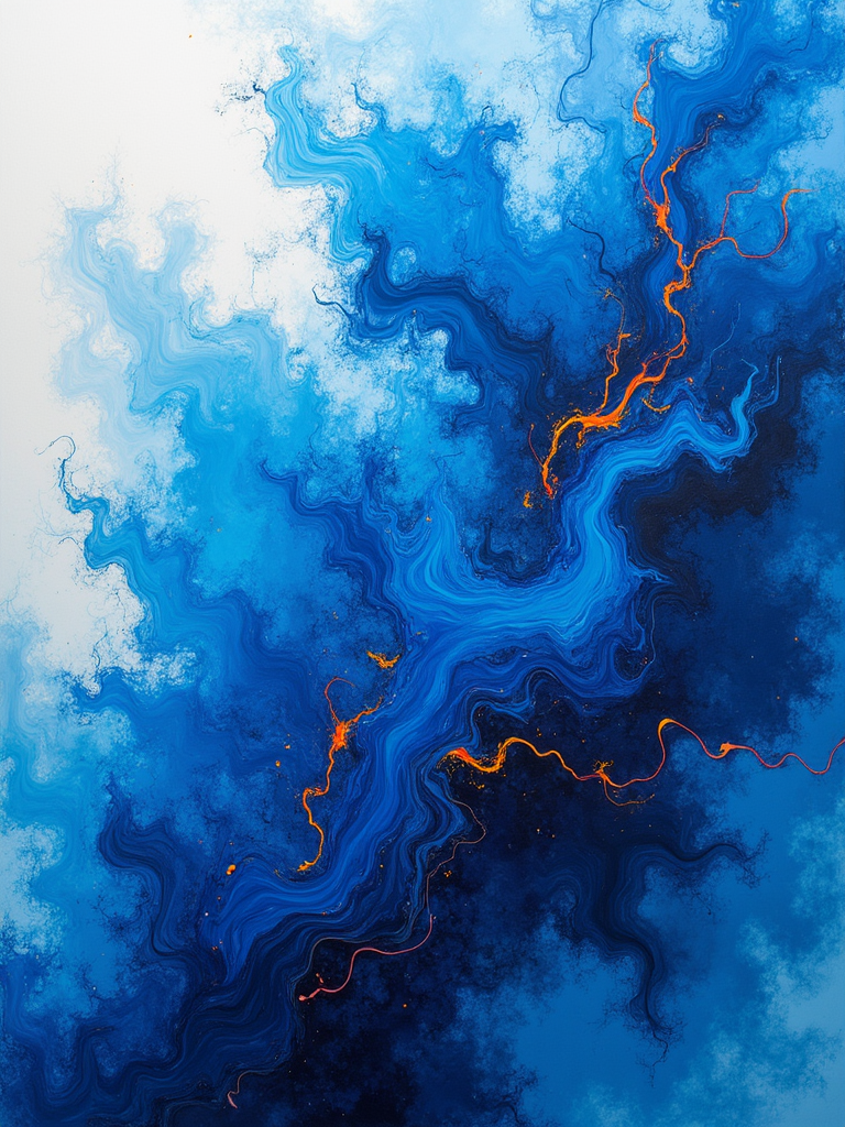 Abstract artwork of swirling blue and white patterns with orange accents, resembling clouds and lightning.