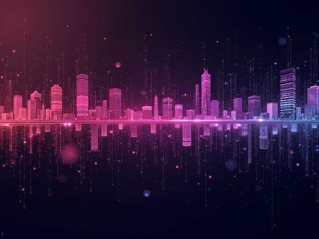 Futuristic digital cityscape with neon lights and reflections.