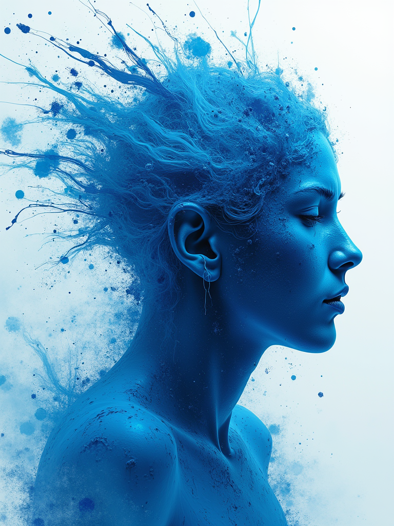 Artistic image of a person with blue paint and dynamic splashes, emphasizing texture and movement.