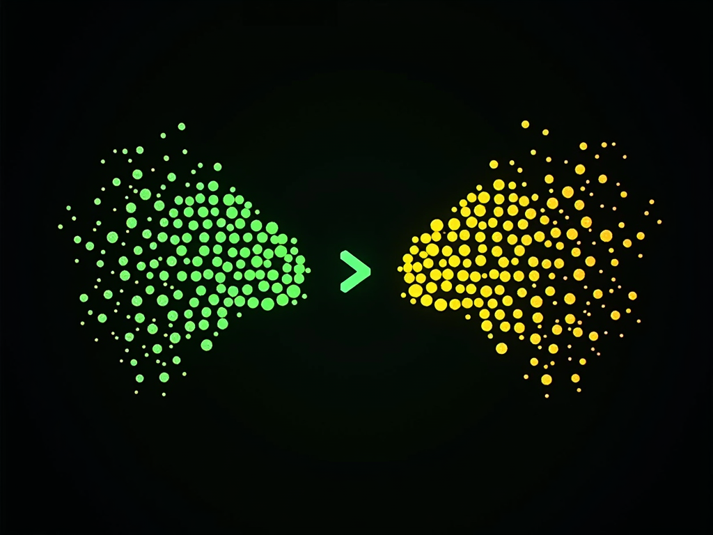 Illustration of two abstract brain shapes made of dots, green on the left and yellow on the right, separated by a greater-than symbol on a black background.