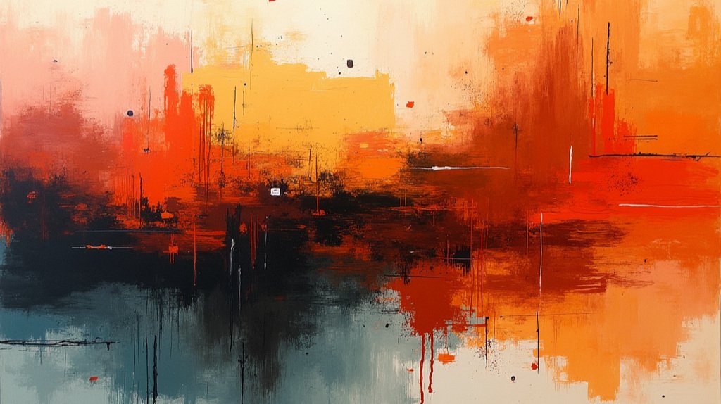 Abstract painting with red, orange, yellow, and black colors blending and intersecting.