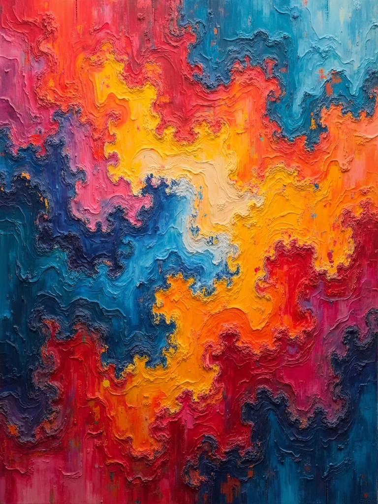 Colorful abstract painting with swirling patterns in bright red, yellow, blue, and pink hues.