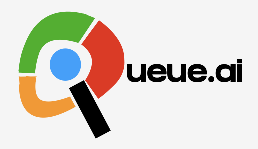 Logo with a multicolored magnifying glass design and the text "ueue.ai" on the right.