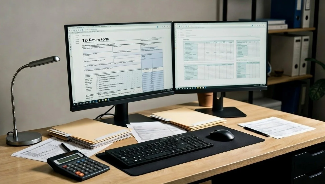 Office desk with dual monitors displaying tax forms, papers, a calculator, keyboard, mouse, and a desk lamp.