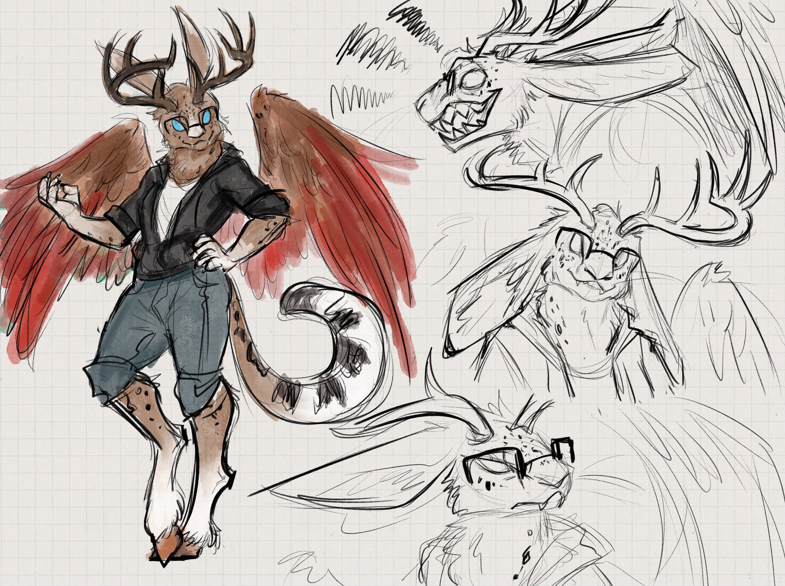 Anthro-hybrid character exercise: this character is a combination of a Wolpertinger, snow leopard and elk.