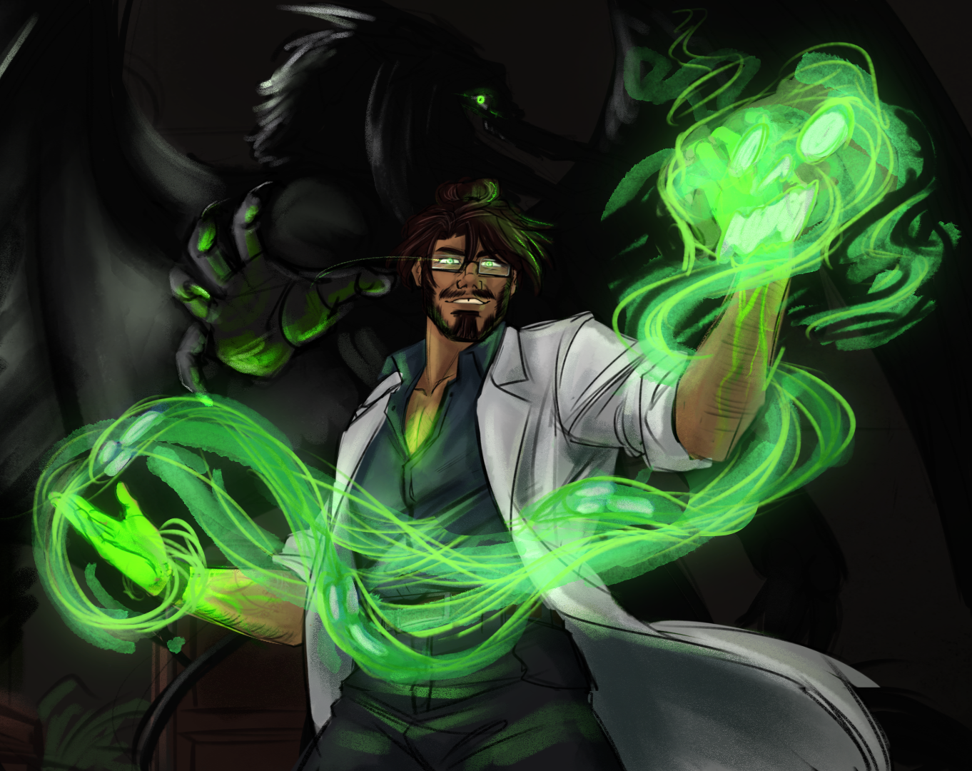 A tan, dark haired man stands in the foreground dressed in business casual attire and a lab-coat. Green, necrotic magic swirls around his arms. A shadowed, non-human figure stands behind him, reaching an arm out towards the audience.