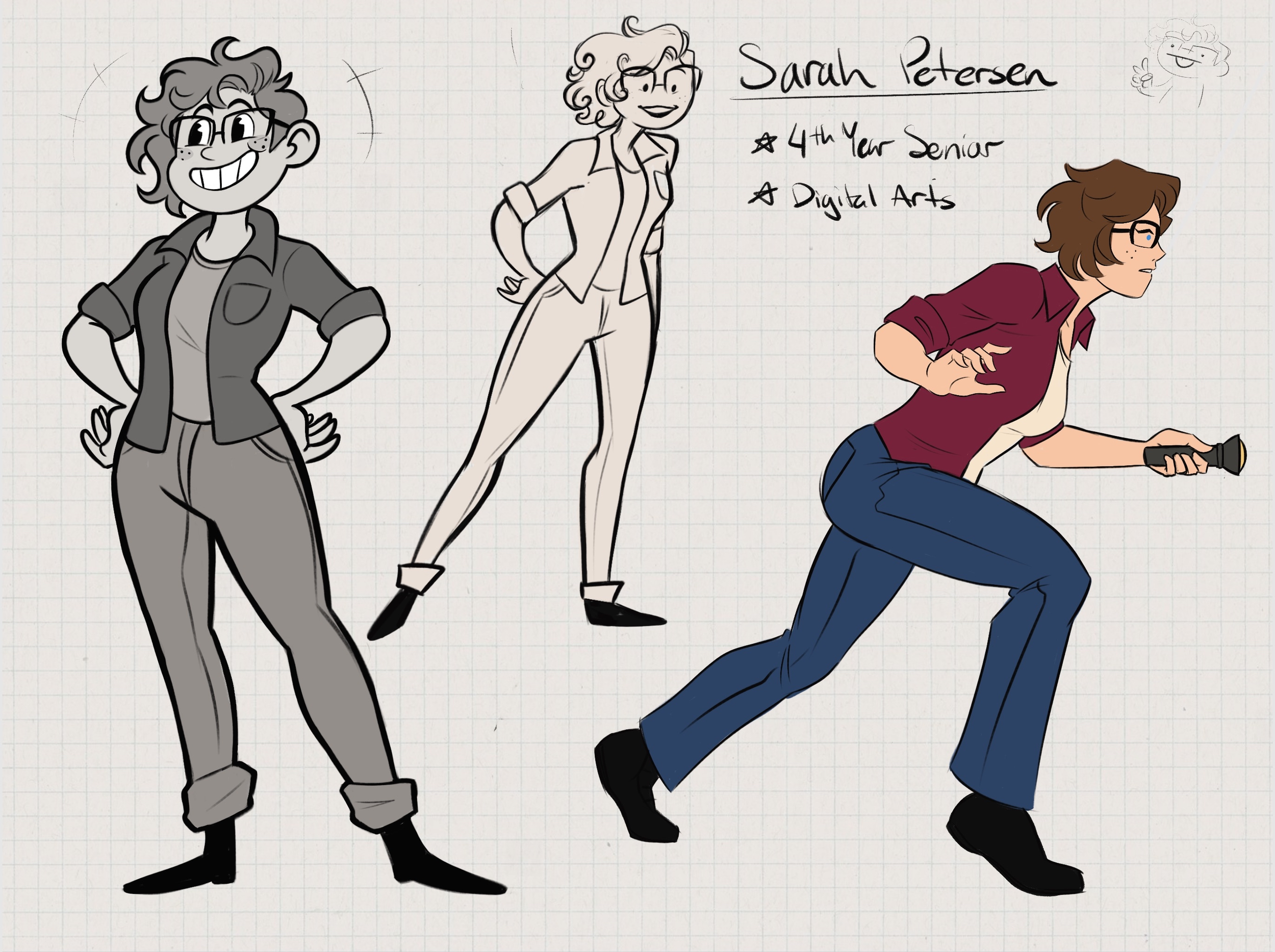 Experimentation of drawing myself in different well-known animation styles. From left to right: Rubberhose, UPA, Hanna-Barbera.