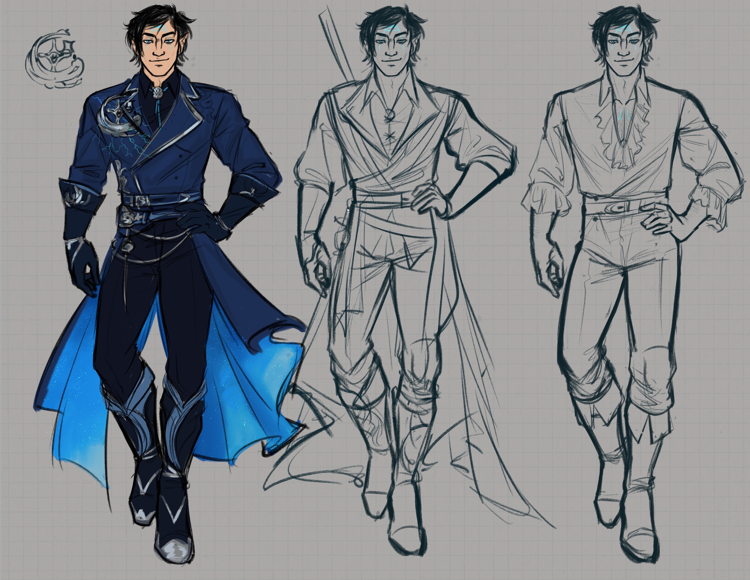 Character design for another Dungeons and Dragons character, Maverick Steel. As a storm sorcerer, I used a lot of blues within his main outfit and used silver accents to accentuate it. Lightning motifs were given to his family crest (seen top left), 