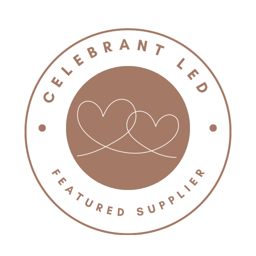 Logo featuring two intertwined heart outline sketches inside a brown circle, with text around it saying 'Celebrant Led' and 'Featured Supplier'.