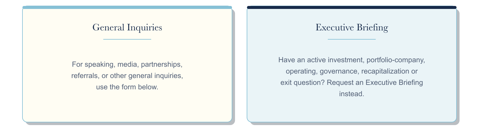Directional cards for general inquiries or executive briefing requests