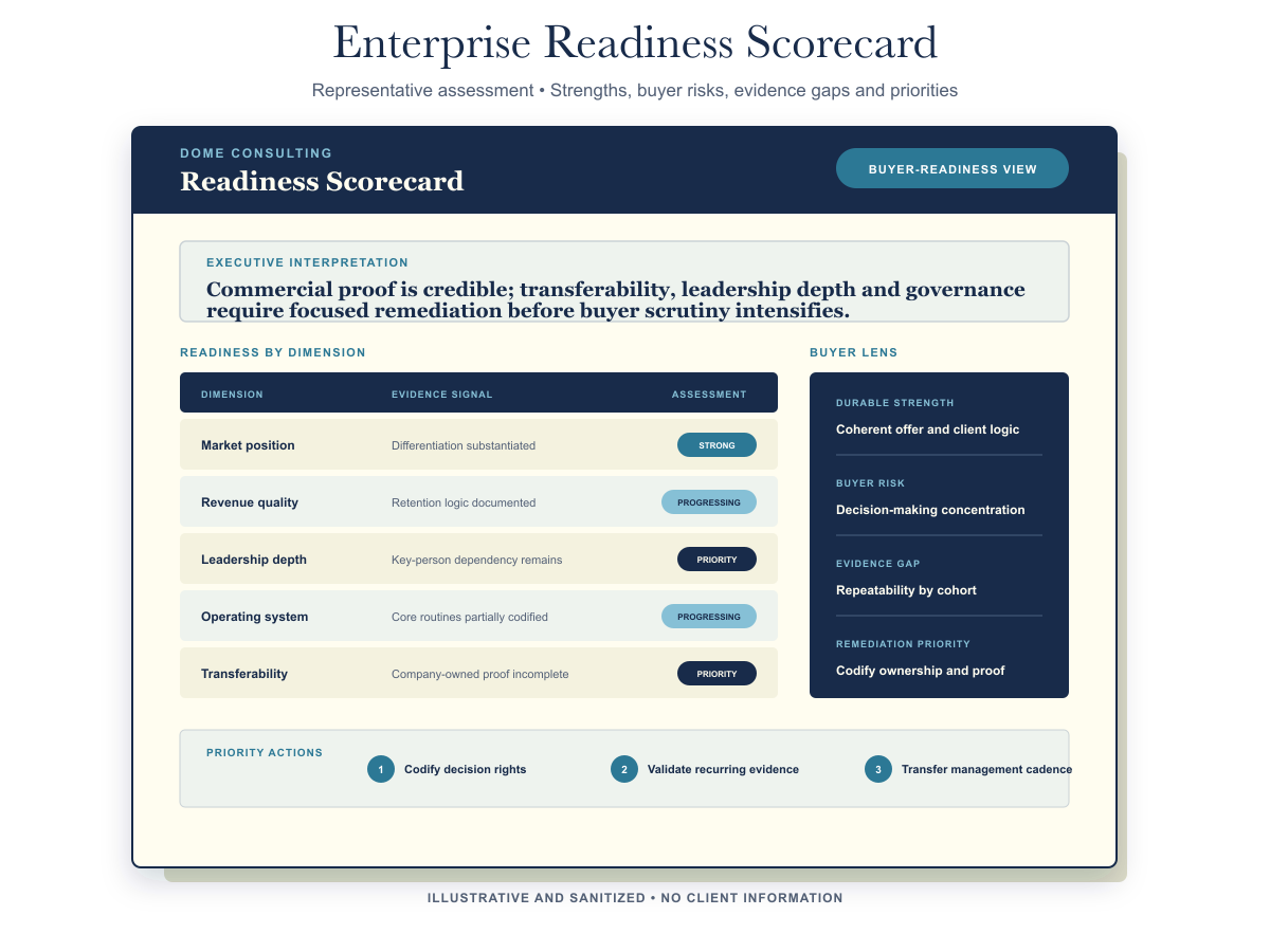 Decision-ready output: Readiness Scorecard, a structured assessment of buyer risks, evidence gaps and remediation priorities before exit.