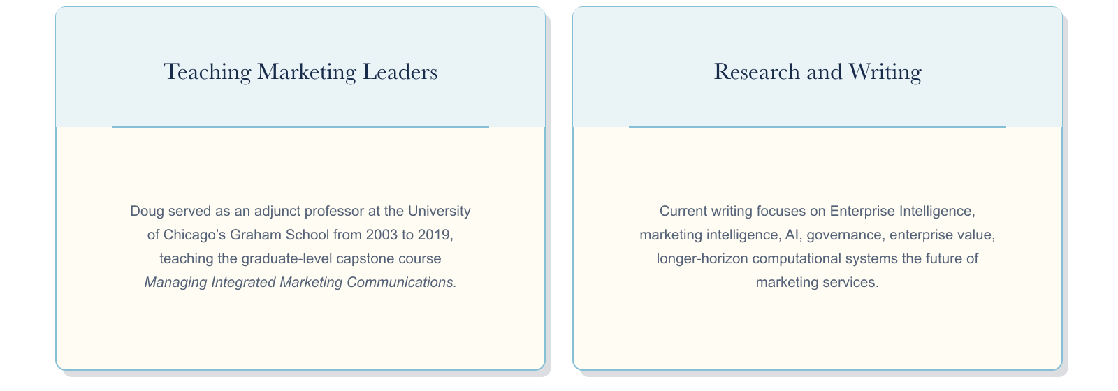 Teaching and thought leadership: adjunct professor at the University of Chicago Graham School for 16 years; current writing on Enterprise Intelligence, AI, governance, marketing services
